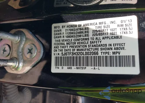 2013 Honda Crosstour Ex from USA, damaged, VIN 5J6TF3H32DL002066